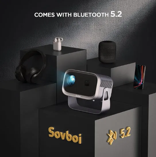 Android 4K smart projector displaying 1080p content with mobile screen mirroring capability
