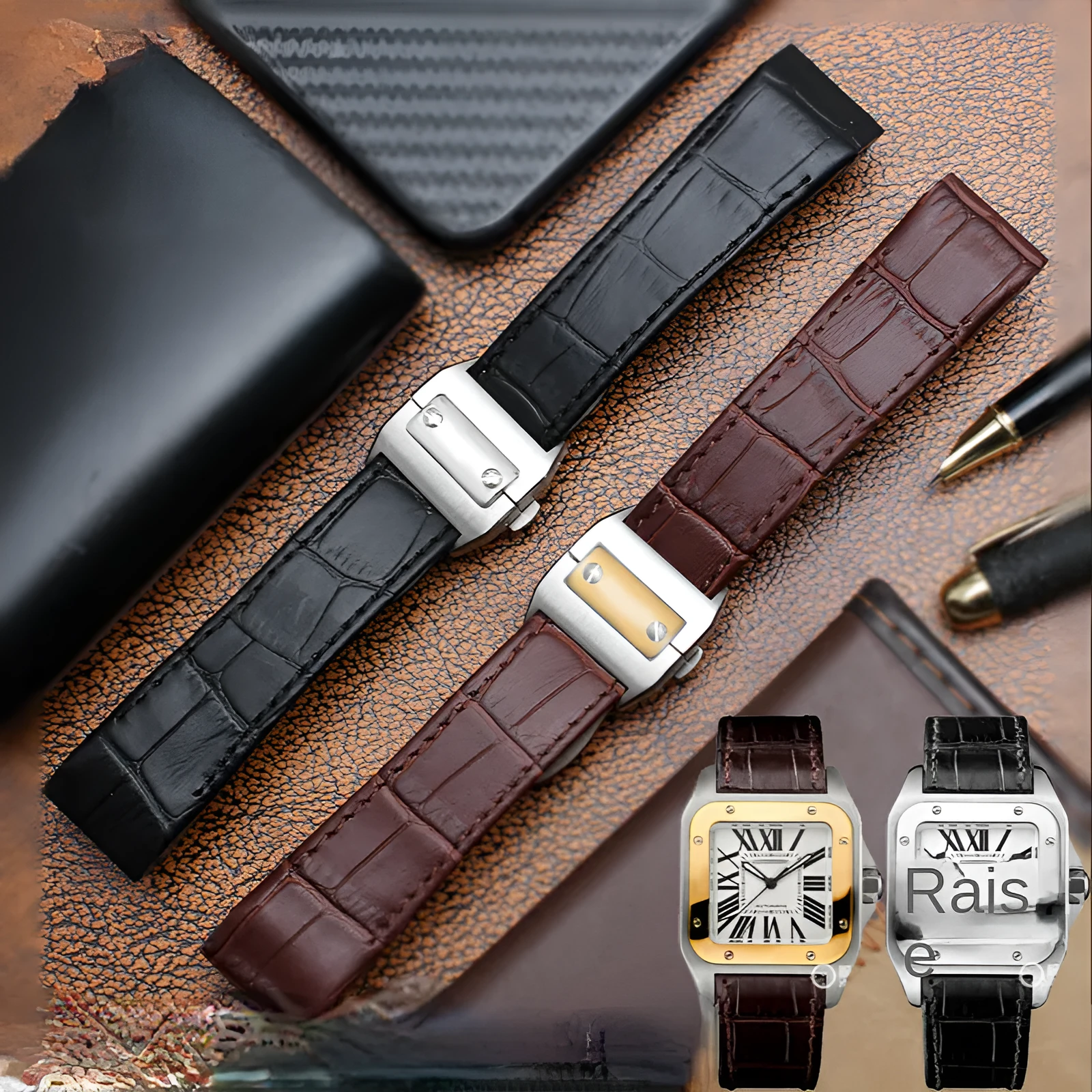 Santos 100 leather watch band 20mm black no buckle