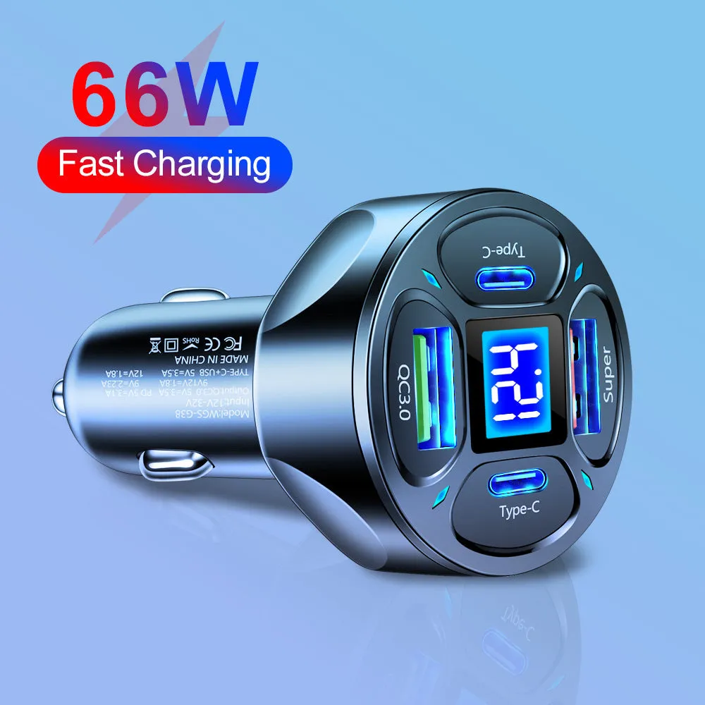Black and white 66W car charger with digital display, two USB and two Type-C ports.