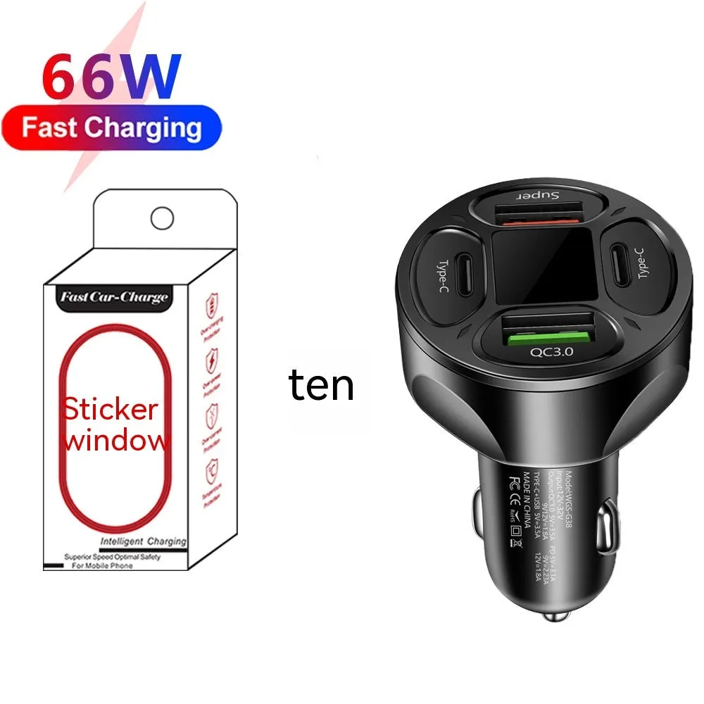 Black and white 66W car charger with digital display, two USB and two Type-C ports.