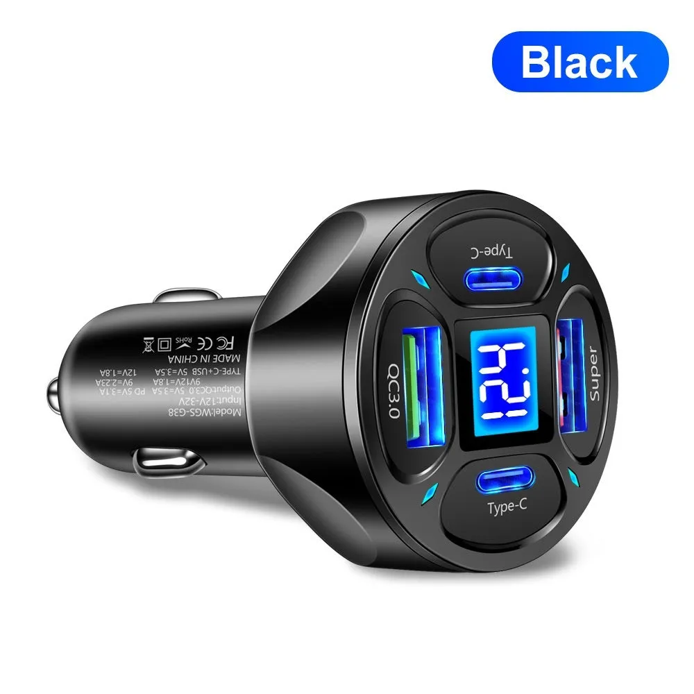 Black and white 66W car charger with digital display, two USB and two Type-C ports.