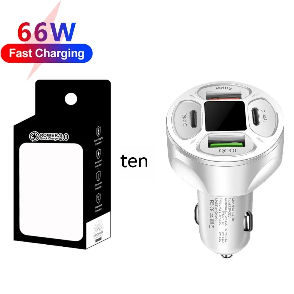 Black and white 66W car charger with digital display, two USB and two Type-C ports.