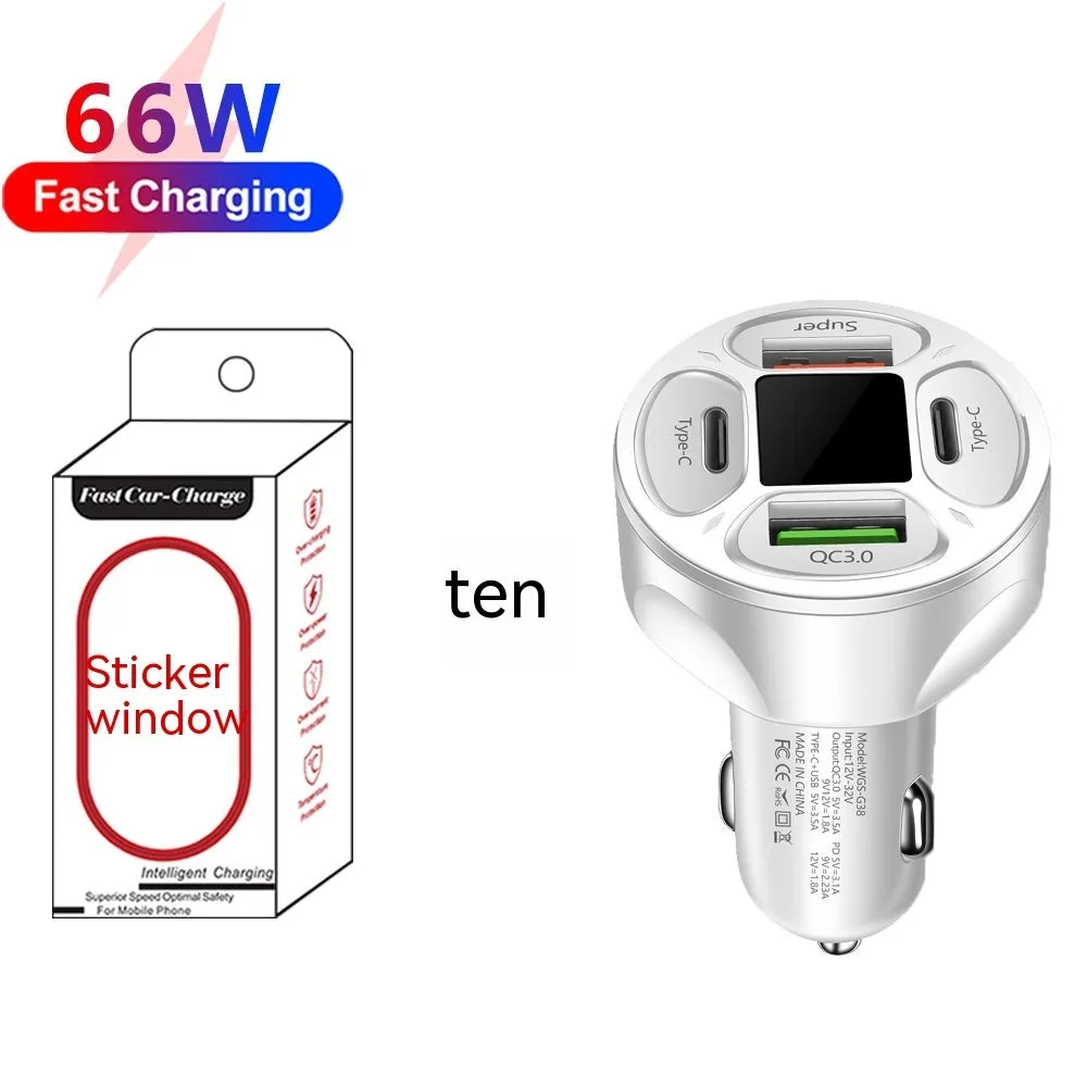 Black and white 66W car charger with digital display, two USB and two Type-C ports.