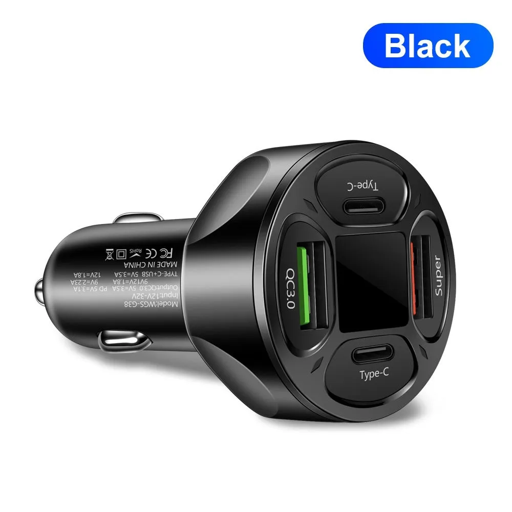Black and white 66W car charger with digital display, two USB and two Type-C ports.