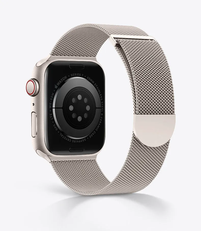 Stainless steel watch band for Apple Watch 1-8 SE Ultra in starlight colour on a wrist