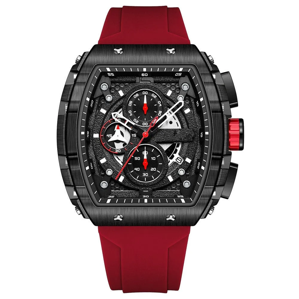 Men's curved mirror gradient hollow quartz watch with black dial and black silicone strap, showing barrel-shaped case
