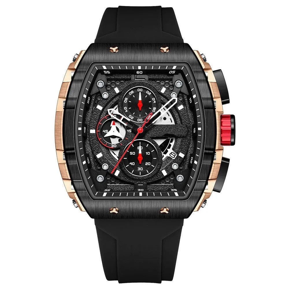 Men's curved mirror gradient hollow quartz watch with black dial and black silicone strap, showing barrel-shaped case