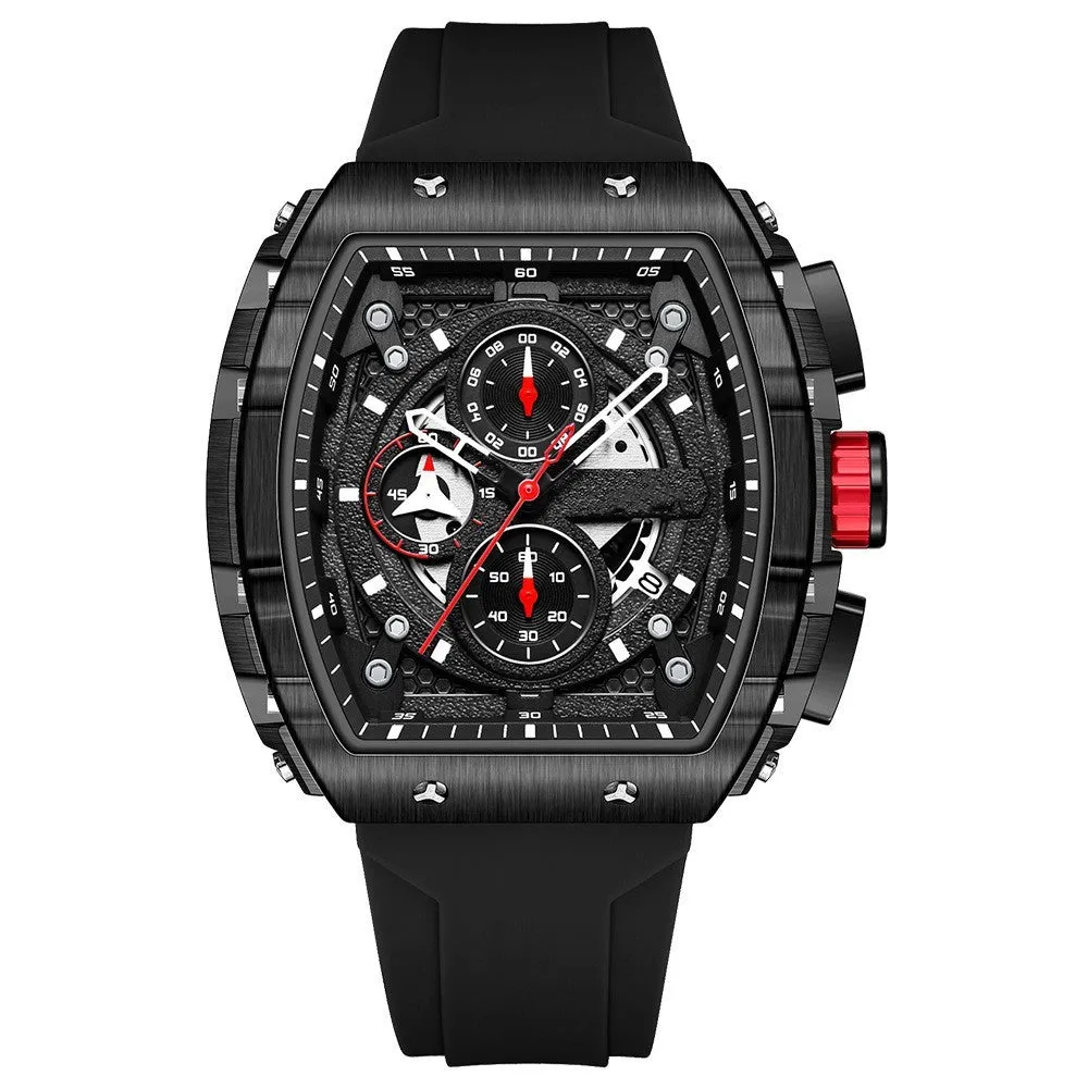 Men's curved mirror gradient hollow quartz watch with black dial and black silicone strap, showing barrel-shaped case