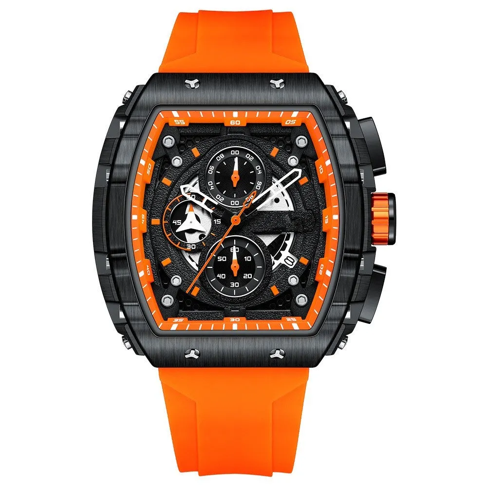 Men's curved mirror gradient hollow quartz watch with black dial and black silicone strap, showing barrel-shaped case
