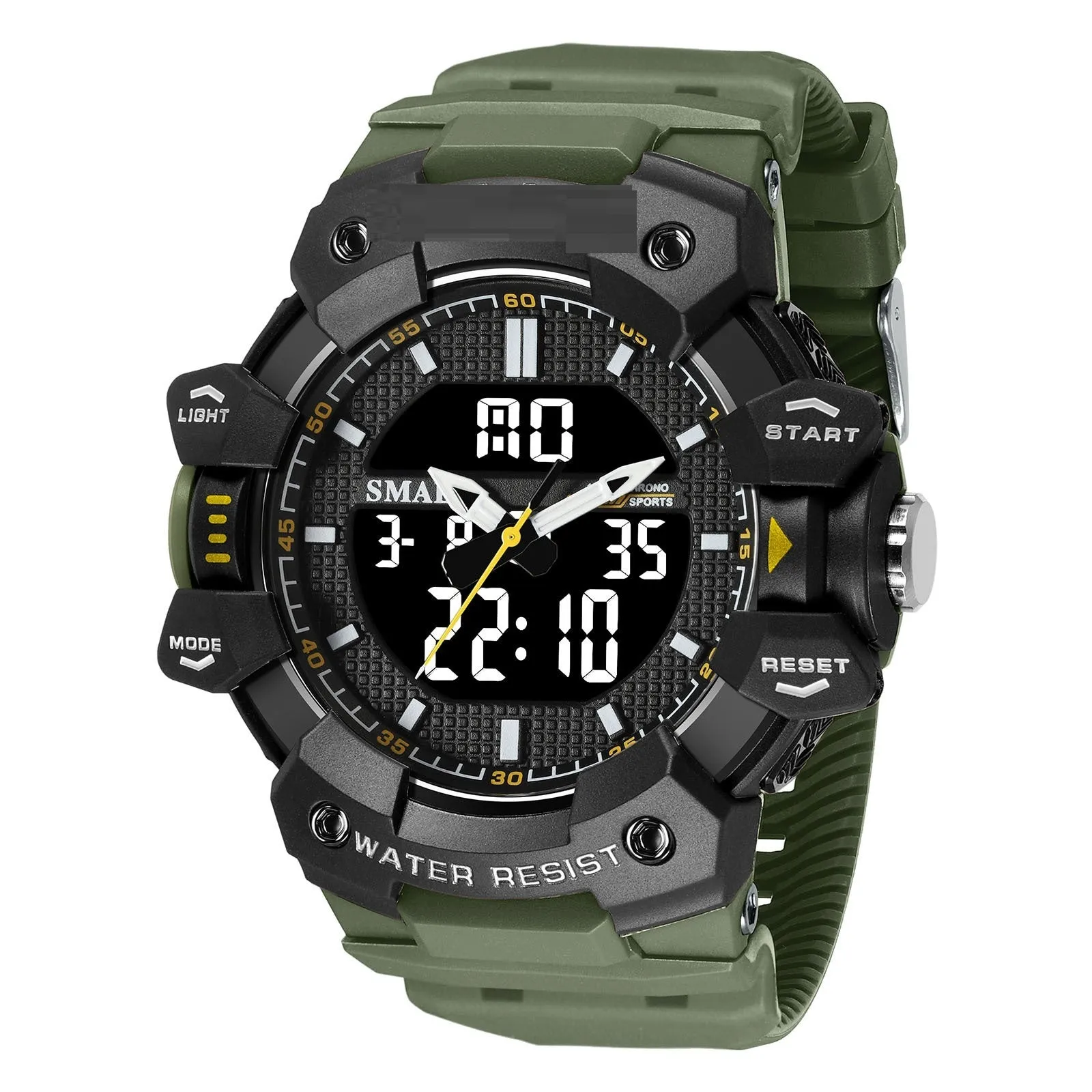 Men's outdoor sports watch with 55mm circular dial and plastic strap in army green colour
