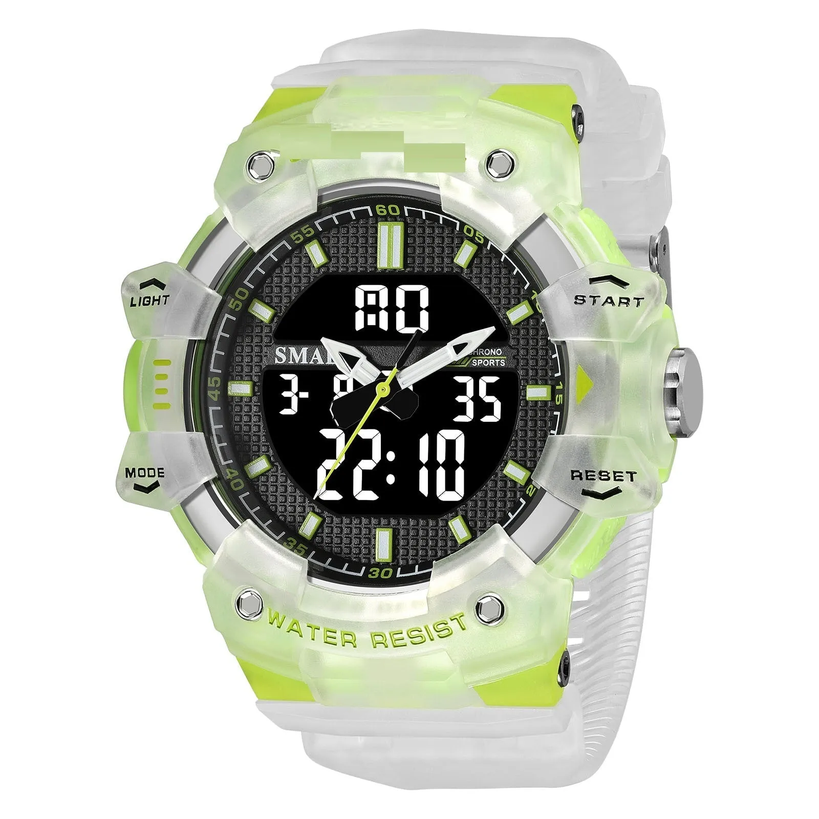 Men's outdoor sports watch with 55mm circular dial and plastic strap in army green colour