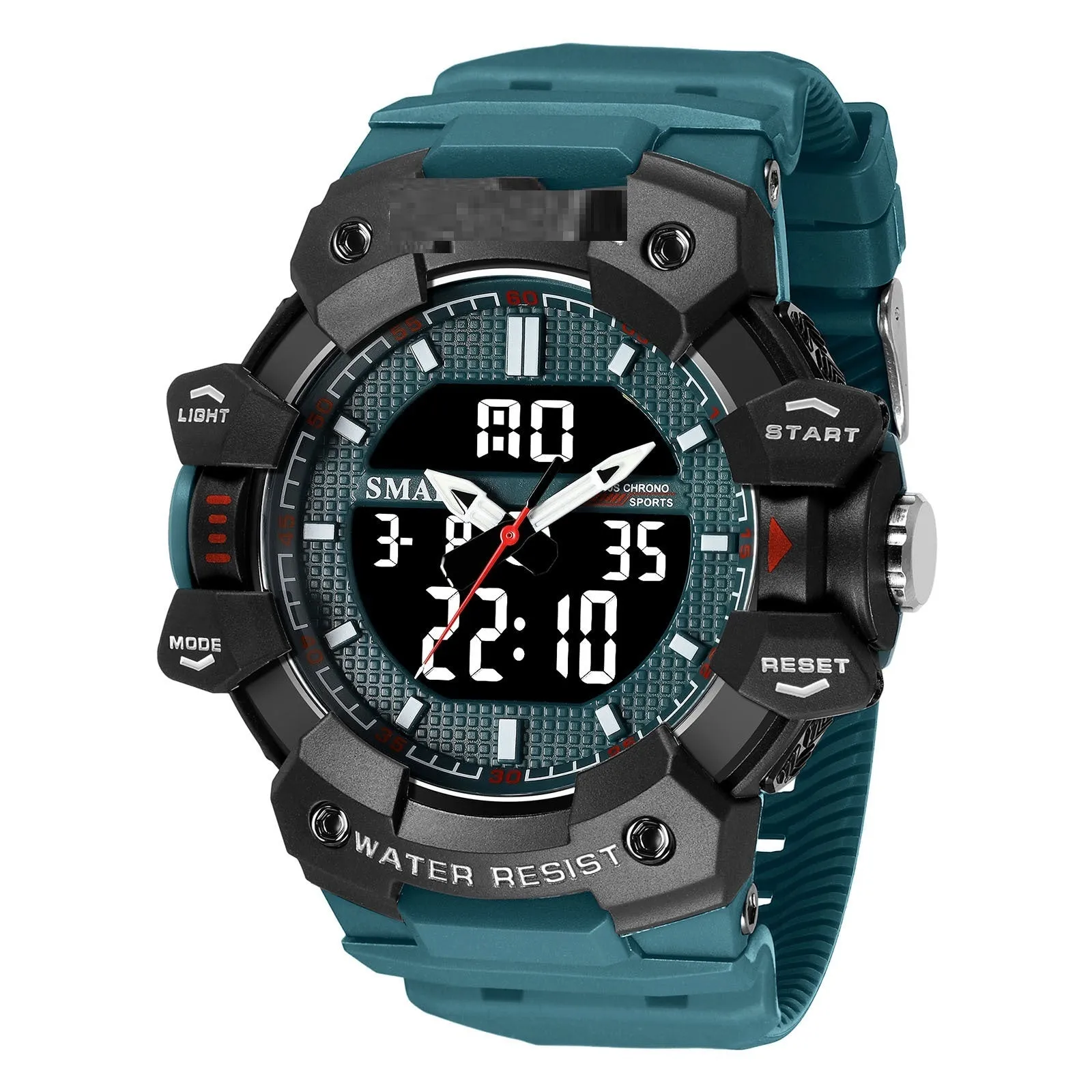Men's outdoor sports watch with 55mm circular dial and plastic strap in army green colour