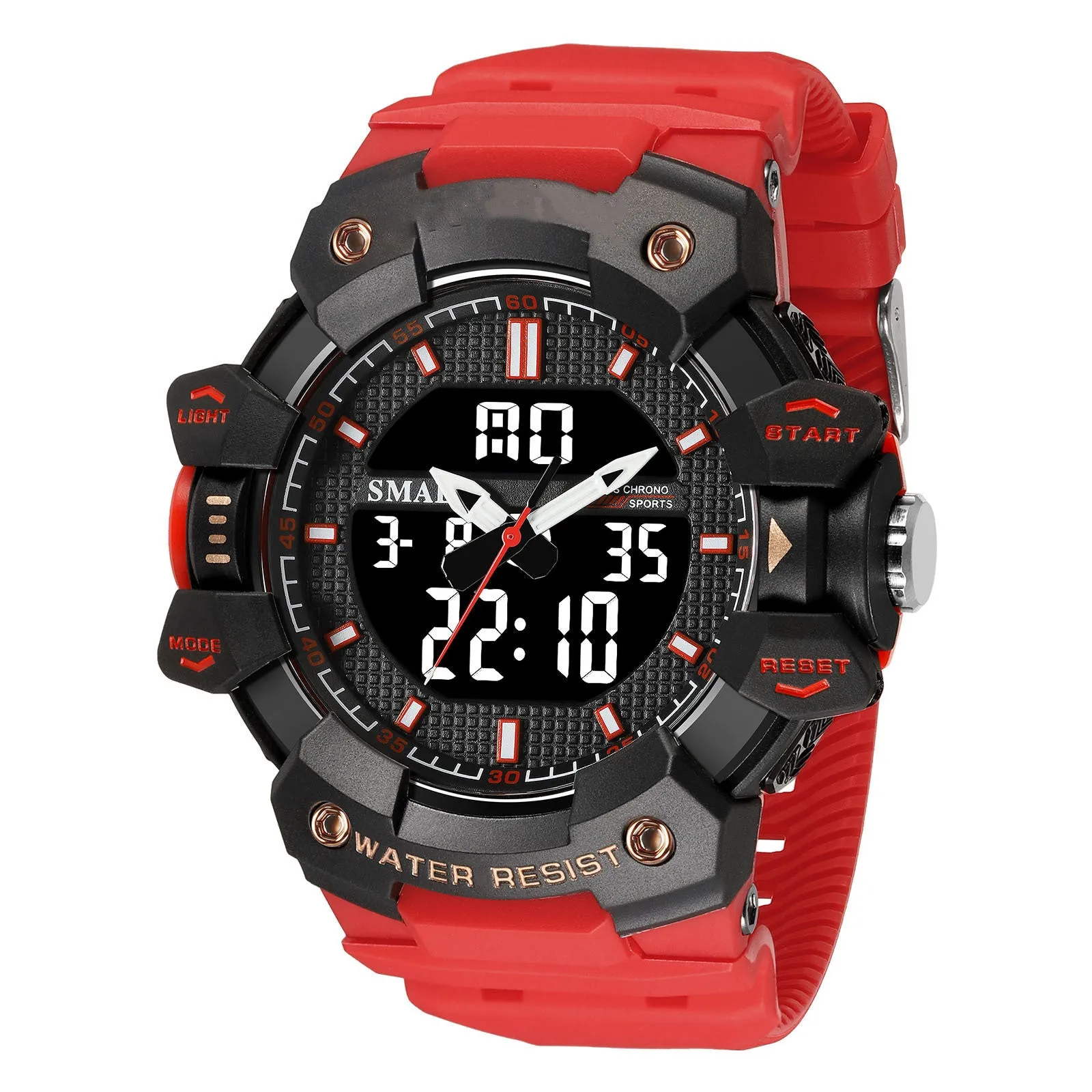Men's outdoor sports watch with 55mm circular dial and plastic strap in army green colour