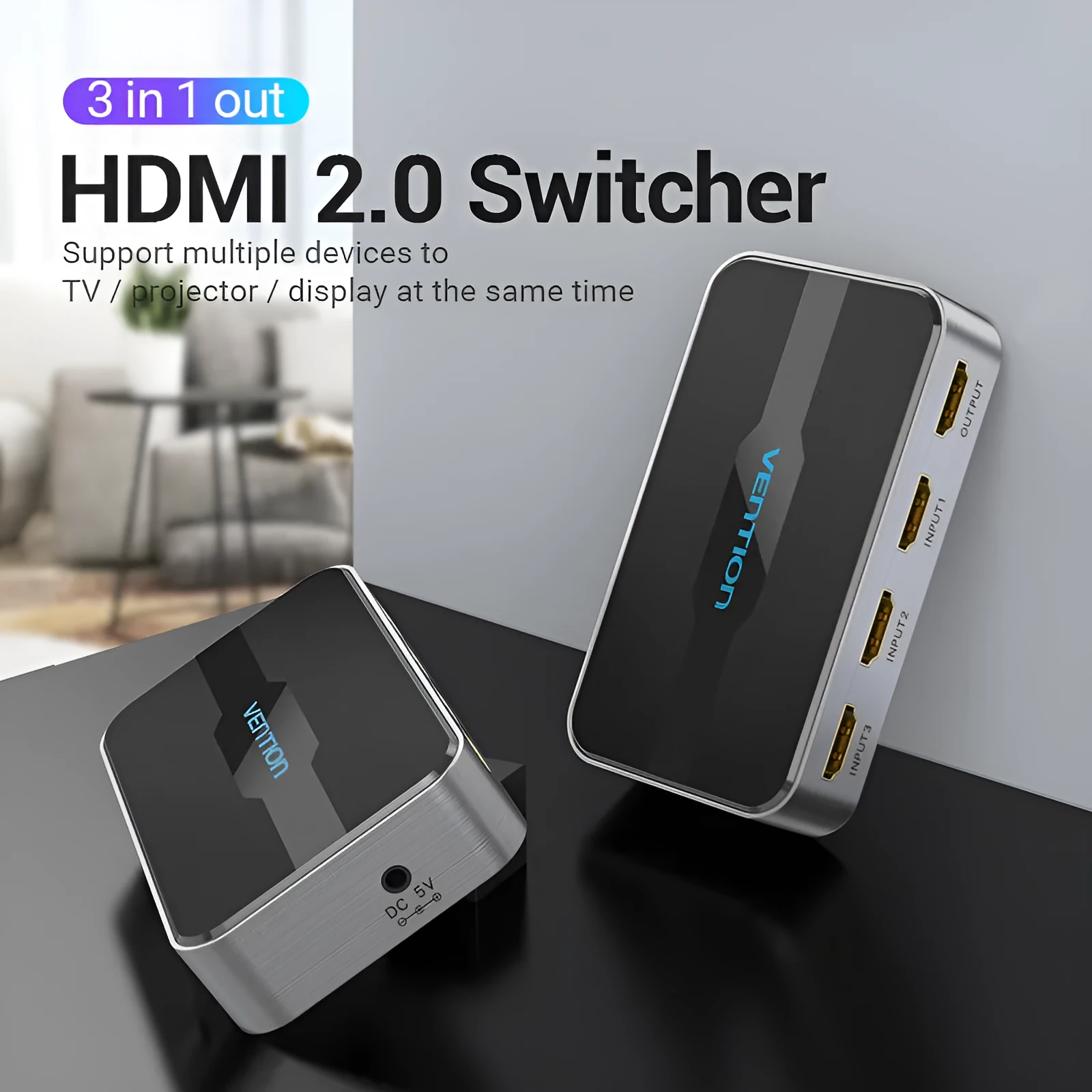 Grey three-in-one-out HDMI switcher with remote control and 4K 30Hz support