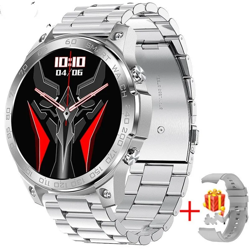 Round Bluetooth sports watch with AMOLED display on a silicone strap, showing heart rate and call functions.