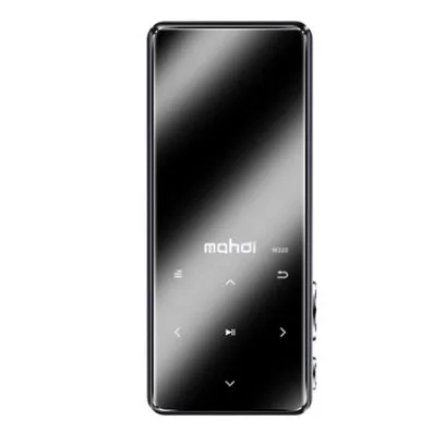 Silver portable MP3 player with a 2.4-inch touch screen displaying a music menu.