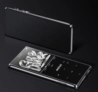 Silver portable MP3 player with a 2.4-inch touch screen displaying a music menu.