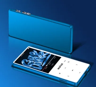 Silver portable MP3 player with a 2.4-inch touch screen displaying a music menu.