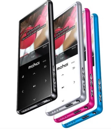 Silver portable MP3 player with a 2.4-inch touch screen displaying a music menu.