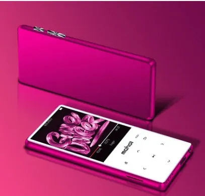 Silver portable MP3 player with a 2.4-inch touch screen displaying a music menu.