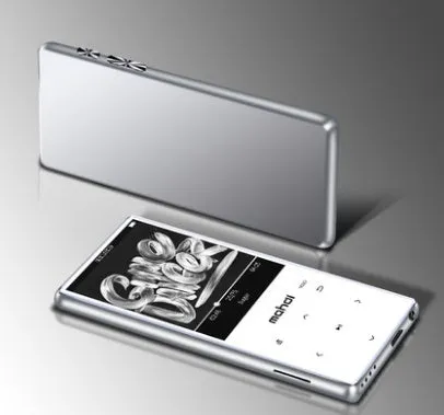 Silver portable MP3 player with a 2.4-inch touch screen displaying a music menu.