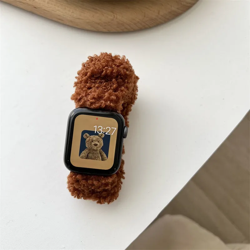 Velvet elastic hair loop watch strap for Apple Watch in brown, off white and blue, compatible with 38/40/41/42/44/45mm sizes