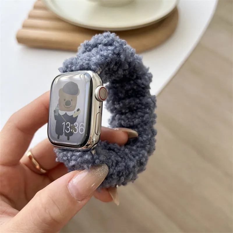 Velvet elastic hair loop watch strap for Apple Watch in brown, off white and blue, compatible with 38/40/41/42/44/45mm sizes
