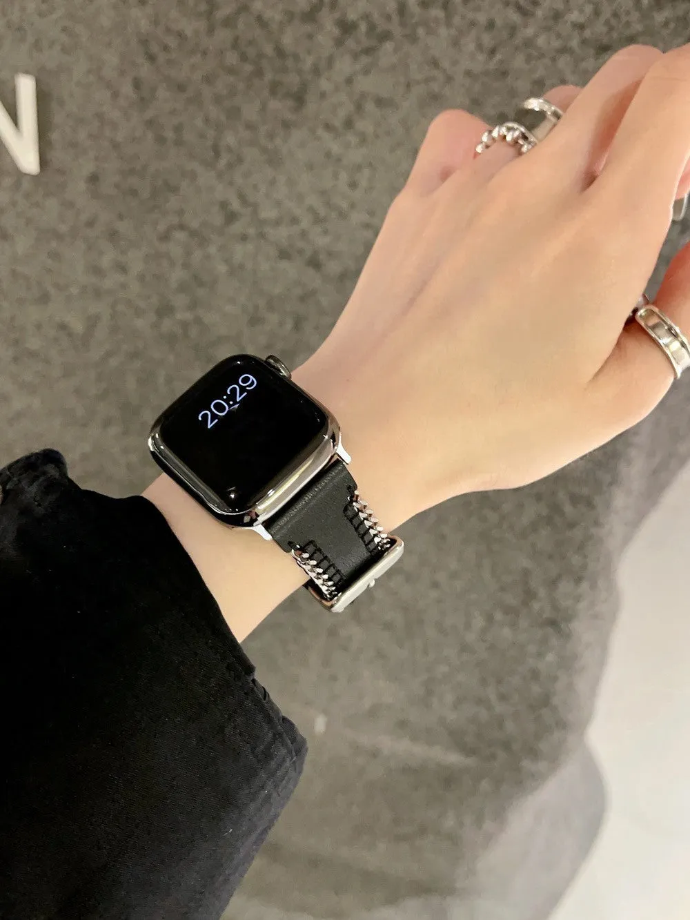 Leather side chain watch strap for Apple iWatch, black colour, fits sizes 38mm to 49mm