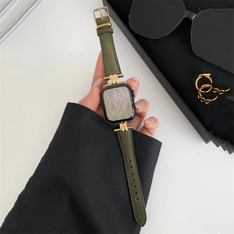 Genuine leather watch strap with metal stitching for Apple Watch, available in multiple colours, fits 38mm to 49mm sizes
