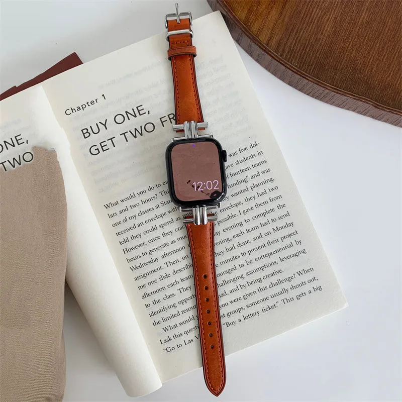 Genuine leather watch strap with metal stitching for Apple Watch, available in multiple colours, fits 38mm to 49mm sizes