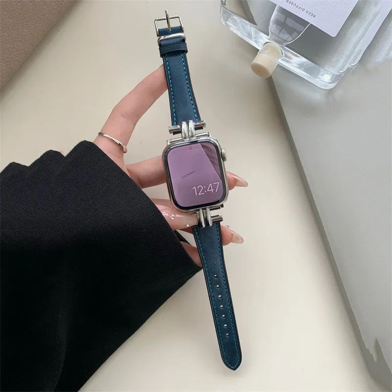 Genuine leather watch strap with metal stitching for Apple Watch, available in multiple colours, fits 38mm to 49mm sizes