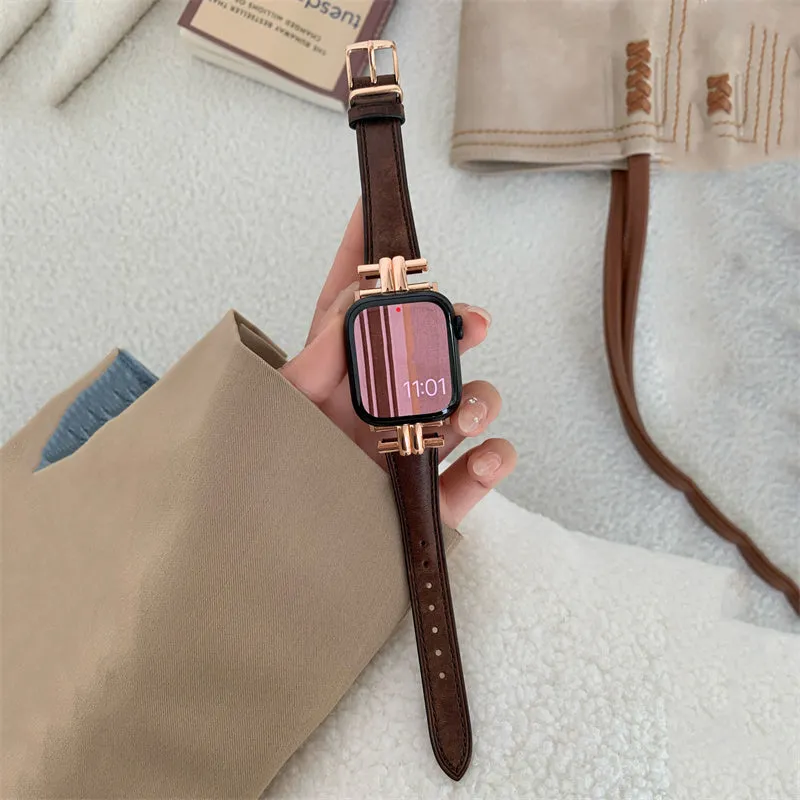 Genuine leather watch strap with metal stitching for Apple Watch, available in multiple colours, fits 38mm to 49mm sizes