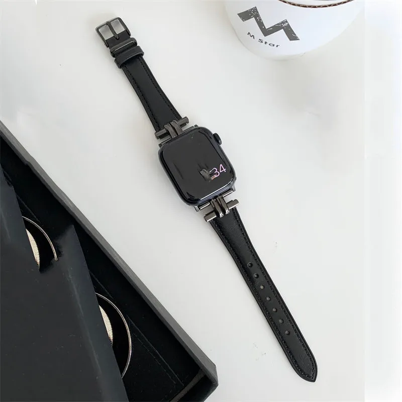 Genuine leather watch strap with metal stitching for Apple Watch, available in multiple colours, fits 38mm to 49mm sizes