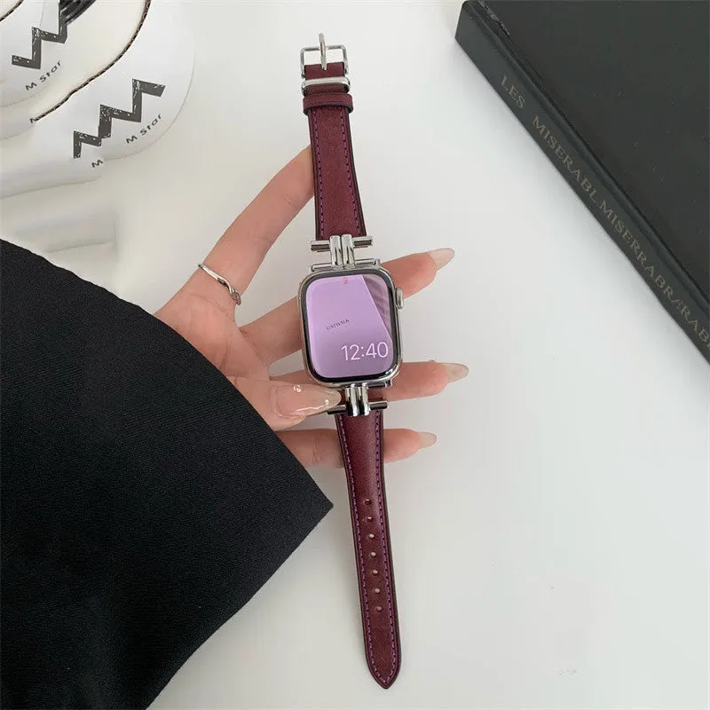 Genuine leather watch strap with metal stitching for Apple Watch, available in multiple colours, fits 38mm to 49mm sizes