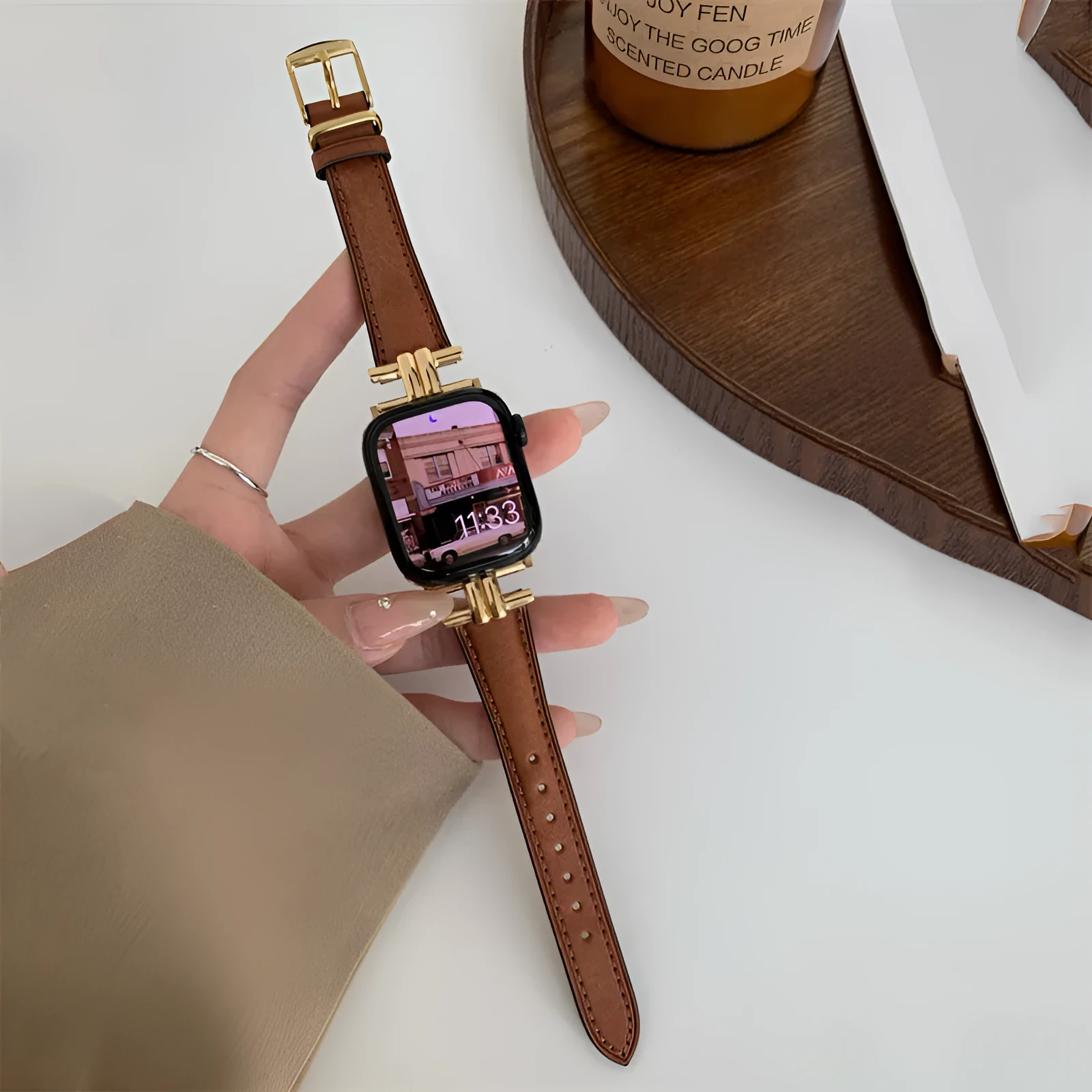 Genuine leather watch strap with metal stitching for Apple Watch, available in multiple colours, fits 38mm to 49mm sizes