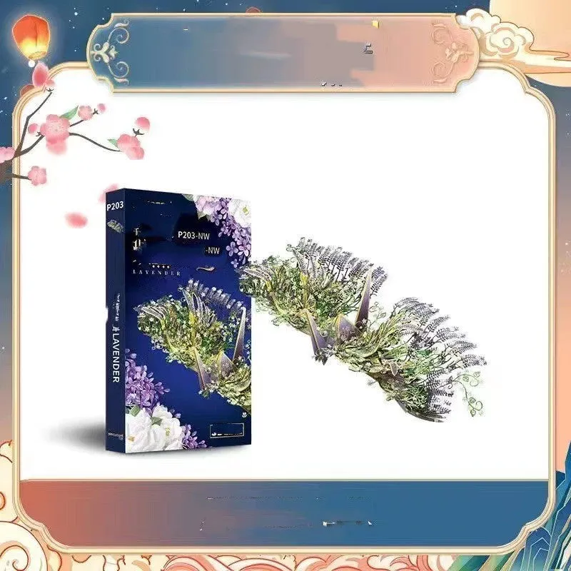Flower Crane metal puzzle kit in colour box, showing assembled crane model with LED light