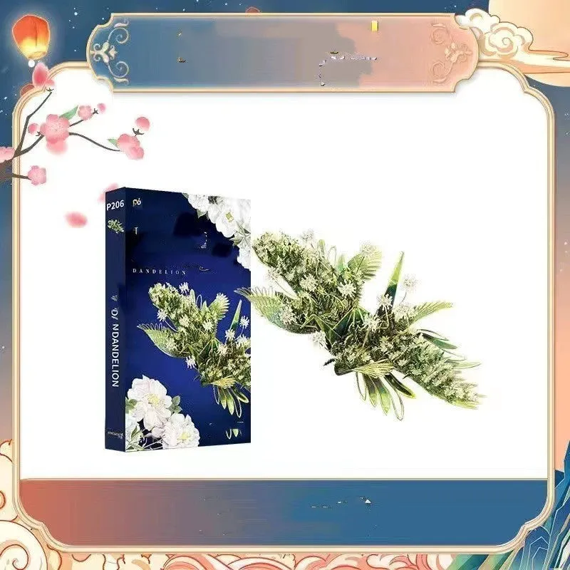 Flower Crane metal puzzle kit in colour box, showing assembled crane model with LED light