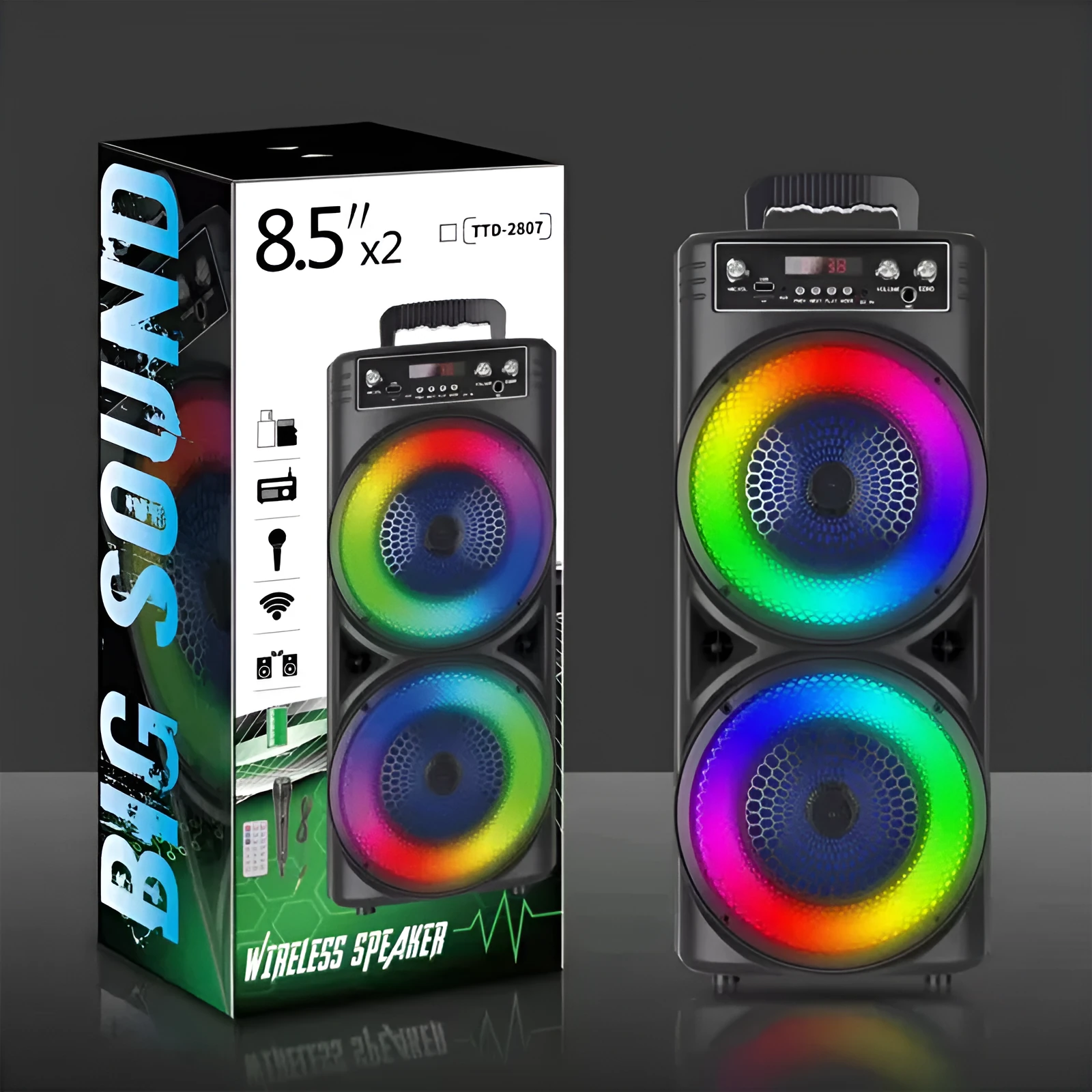 Black portable Bluetooth speaker with double 8-inch speakers, wired microphone, and remote control on a table