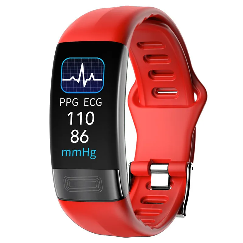 Black smart health bracelet with touch screen displaying ECG and heart rate data.