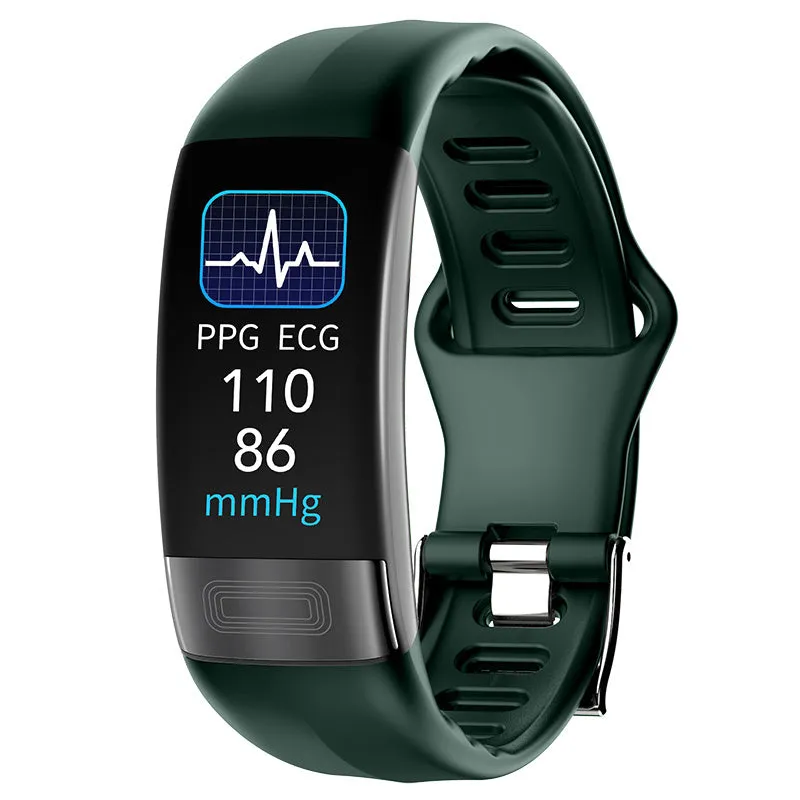 Black smart health bracelet with touch screen displaying ECG and heart rate data.