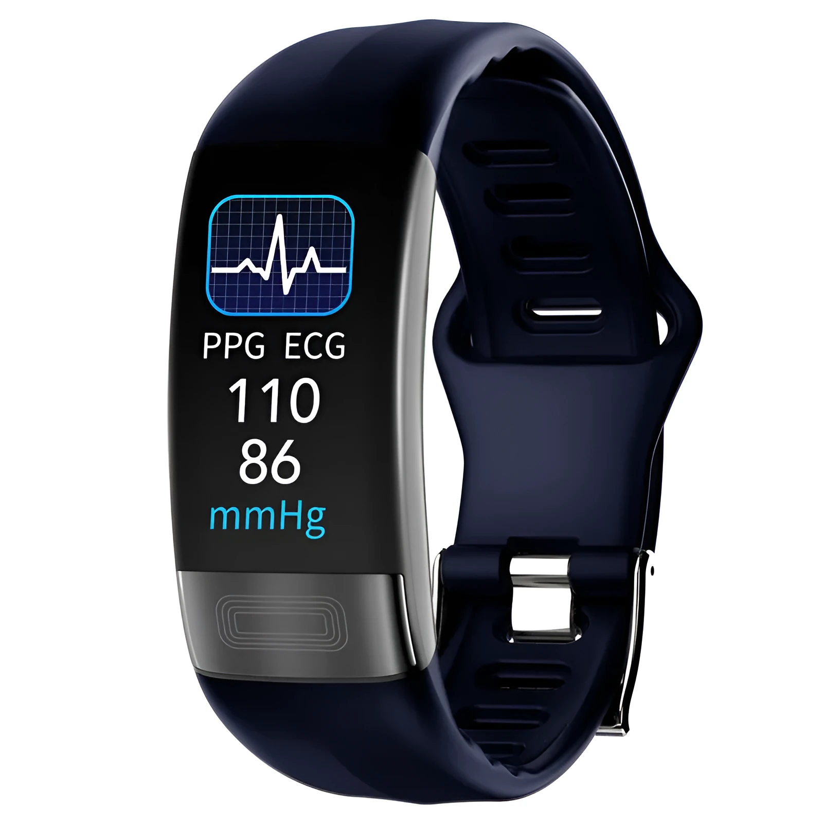 Black smart health bracelet with touch screen displaying ECG and heart rate data.