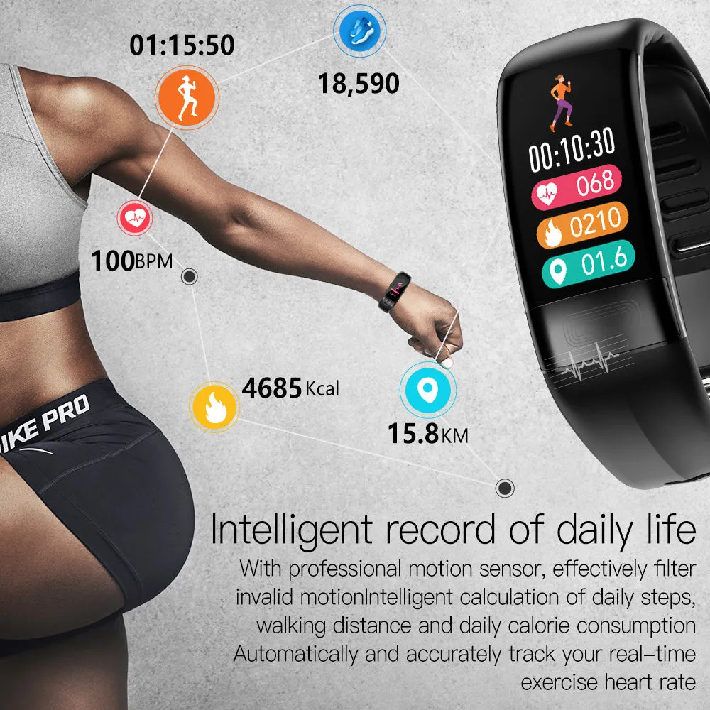 Black smart health bracelet with touch screen displaying ECG and heart rate data.