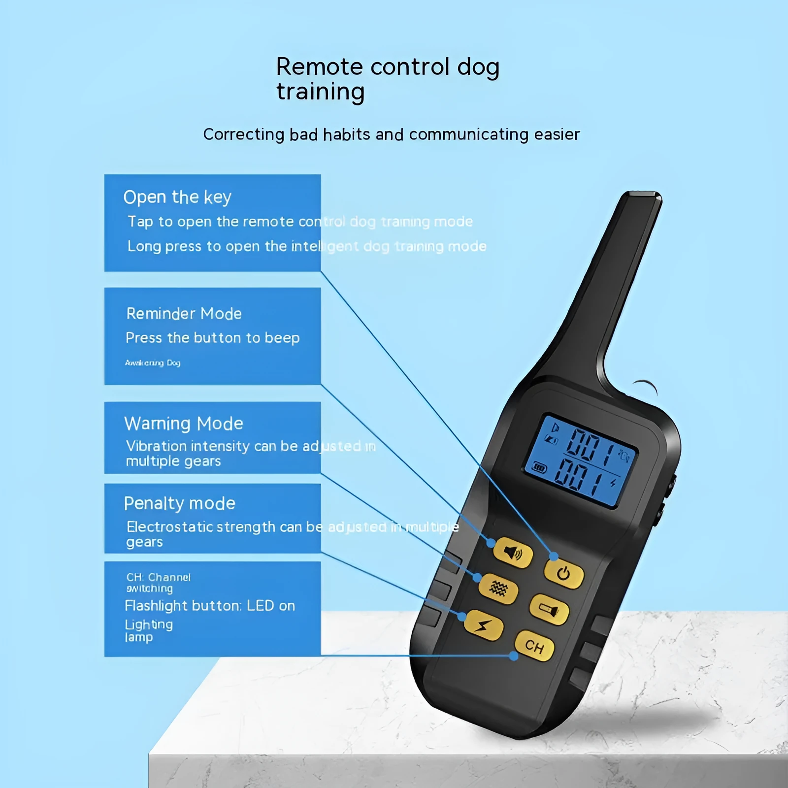 Yellow ABS automatic bark stopper collar for dog training on white background