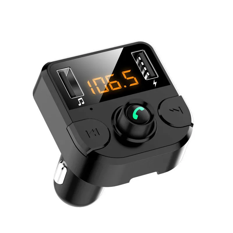Black BT36B Bluetooth car MP3 player with FM transmitter and 1.1-inch display, connected to a car cigarette lighter.
