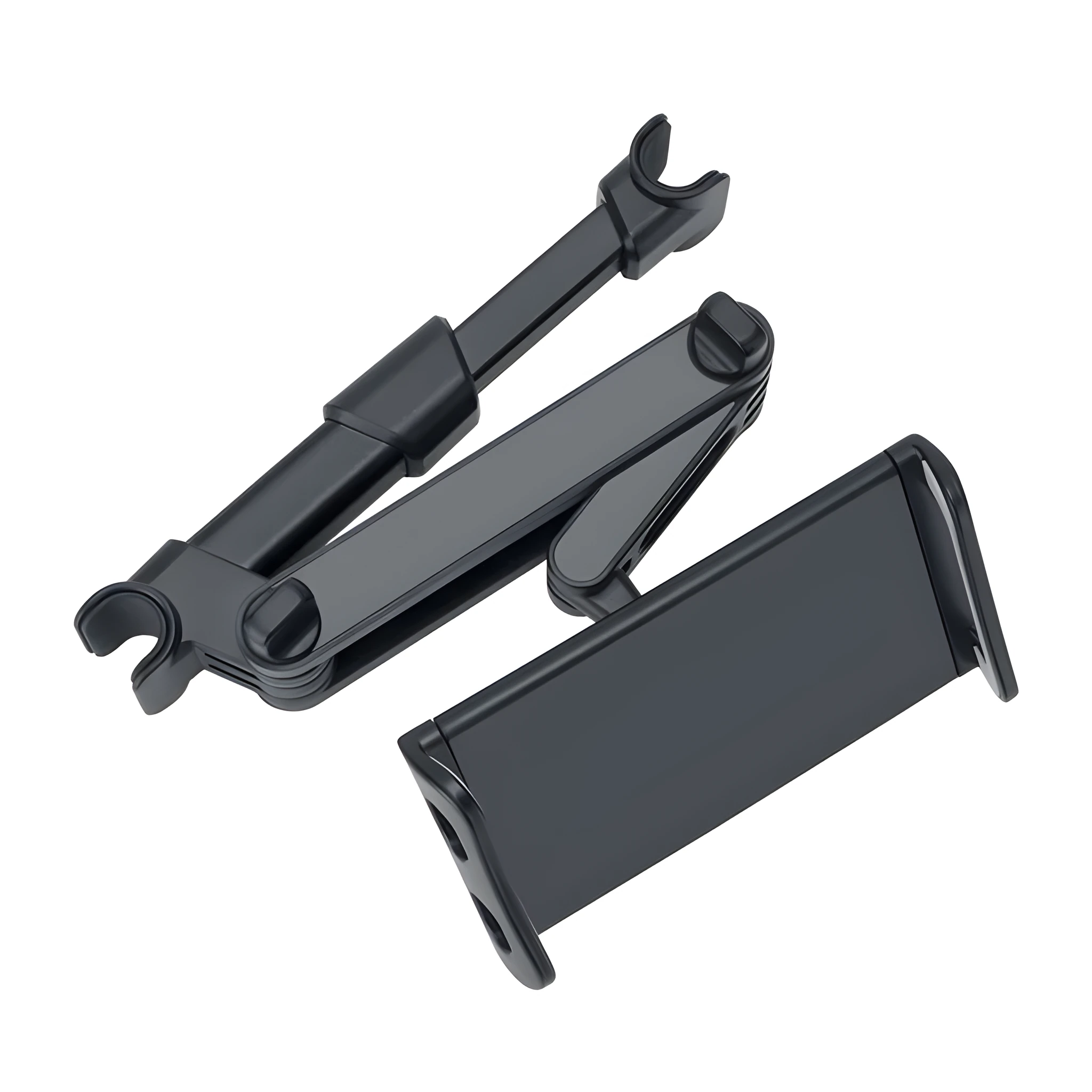 Black car phone holder mounted to rear seat base holding tablet for navigation
