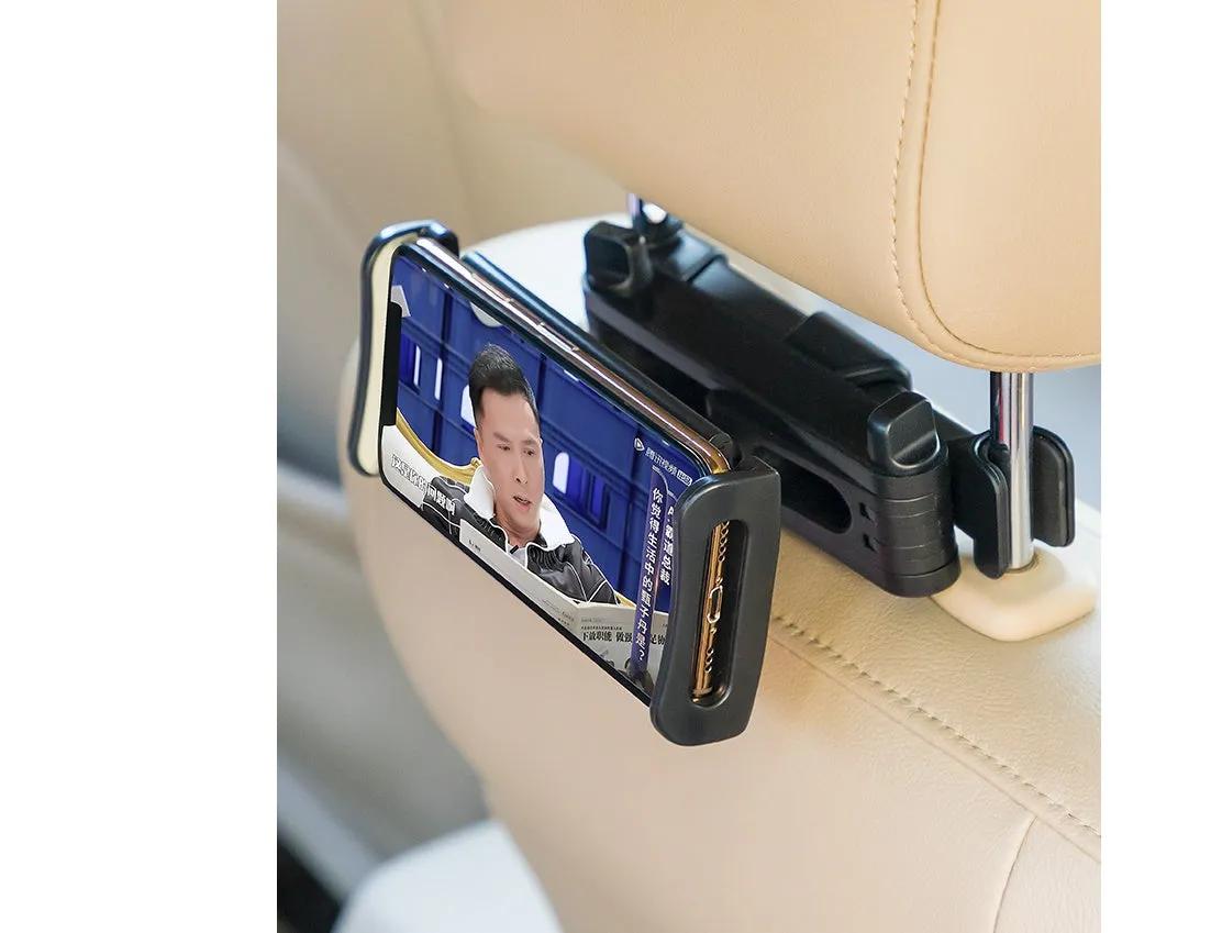 Black car phone holder mounted to rear seat base holding tablet for navigation