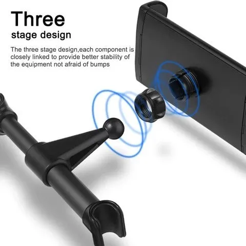 Black car phone holder mounted to rear seat base holding tablet for navigation