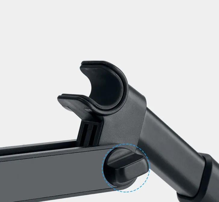 Black car phone holder mounted to rear seat base holding tablet for navigation
