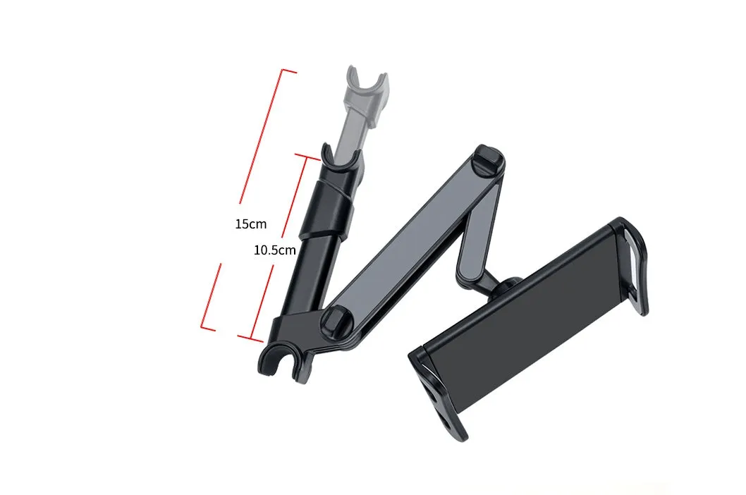 Black car phone holder mounted to rear seat base holding tablet for navigation