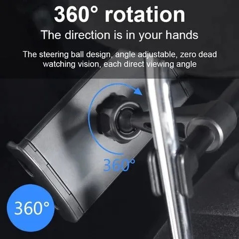 Black car phone holder mounted to rear seat base holding tablet for navigation